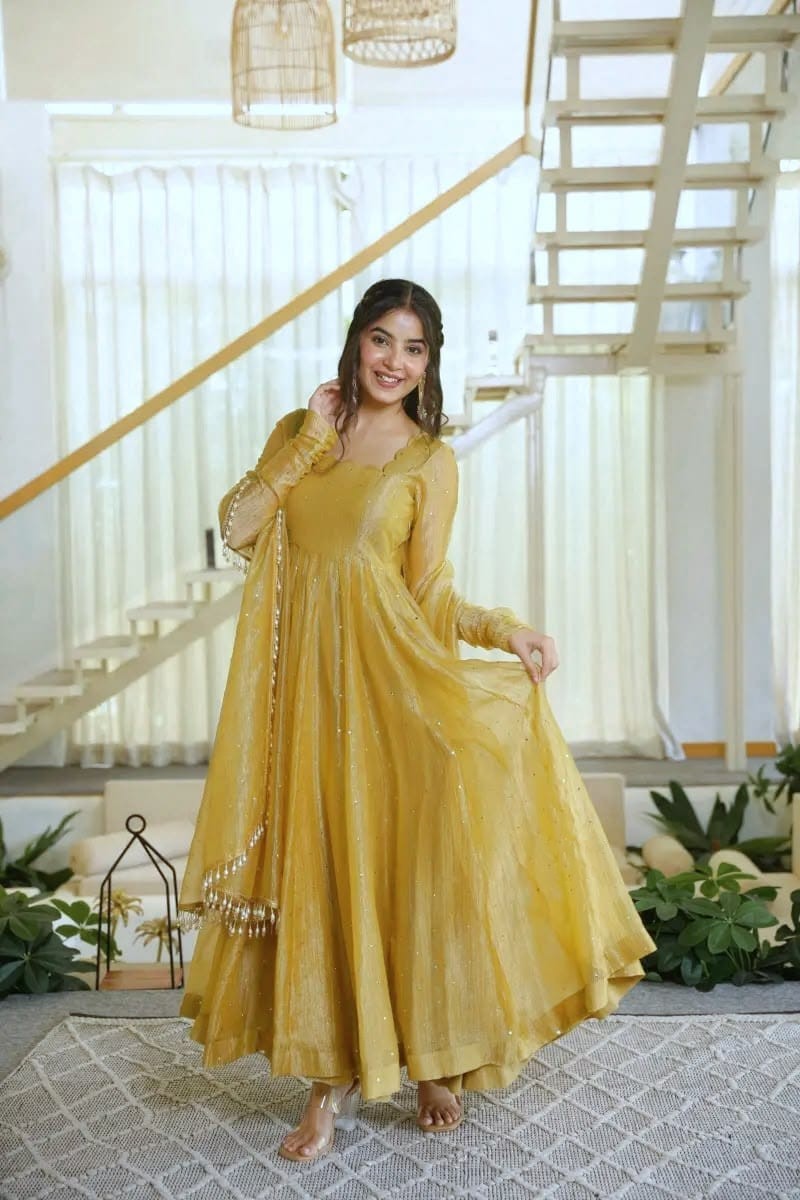 Mustard Gold Foil Work Salsa Silk Straight Salwar Set